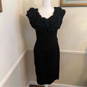 Elegant Black Textured Cocktail Dress with Ruffled Off the Shoulder Sleeves